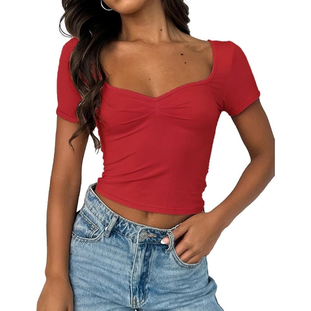 Women's Cropped Tops Red Short Sleeve Pleated Ruched Casual Sweetheart Neck